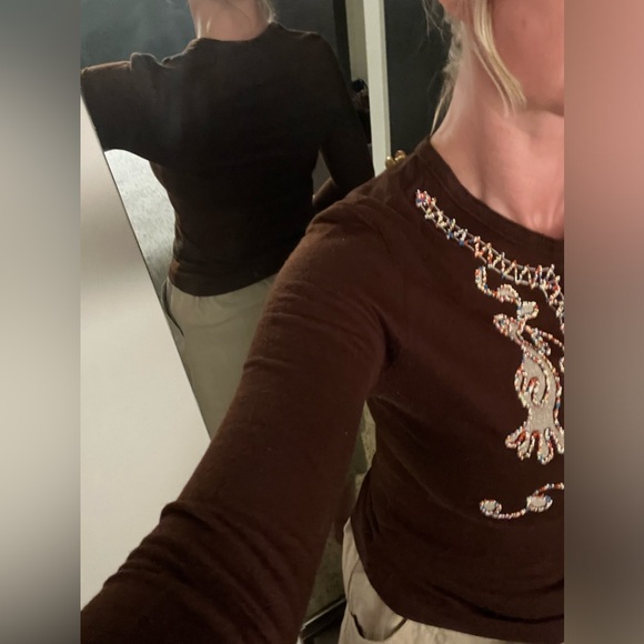 Vintage 60s 70s Beaded Boho Queens Way to Fasion Long Sleeve Fitted Tee - Picture 9 of 13